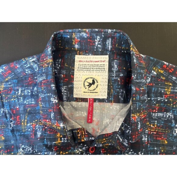 A FISH NAMED FRED Shirt Mens Large Blue Musical Print Long Sleeve Flip Cuff - Picture 3 of 10